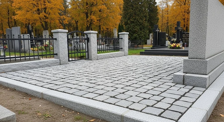 Благоустройство захоронений в Сургуте — мощение гранитной плиткой, цоколь и ограда на ухоженном участке