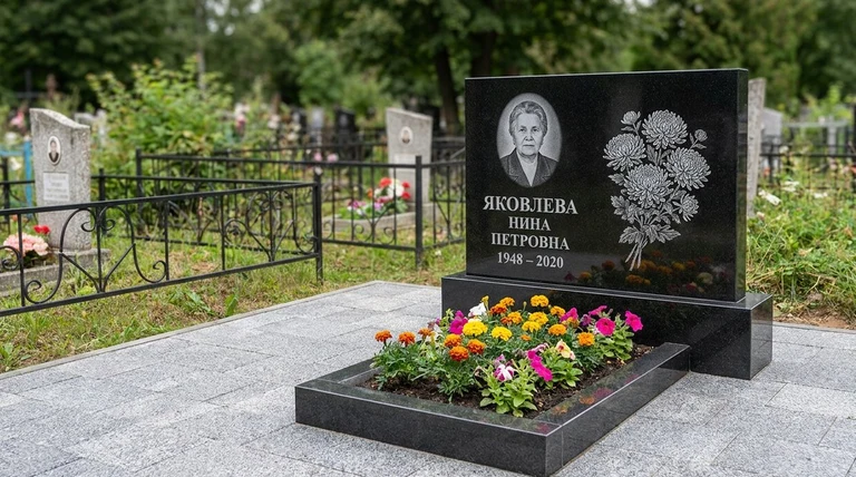 Гравировка хризантем на памятник в Сургуте — пример работы на граните