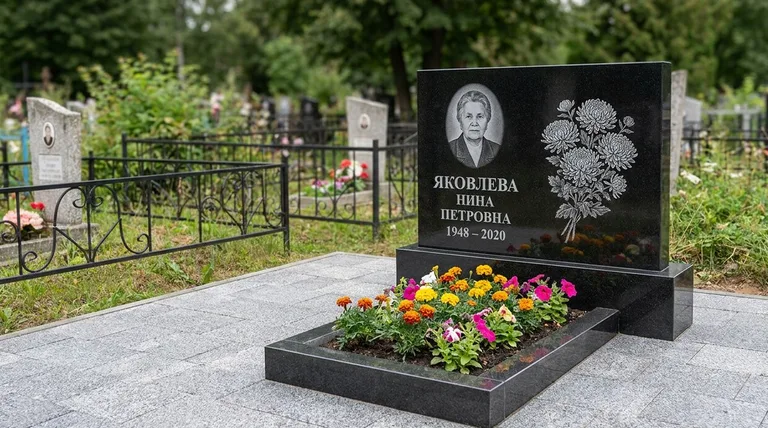 Памятник с гравировкой хризантем — выполненная работа «Соколов» в Сургуте