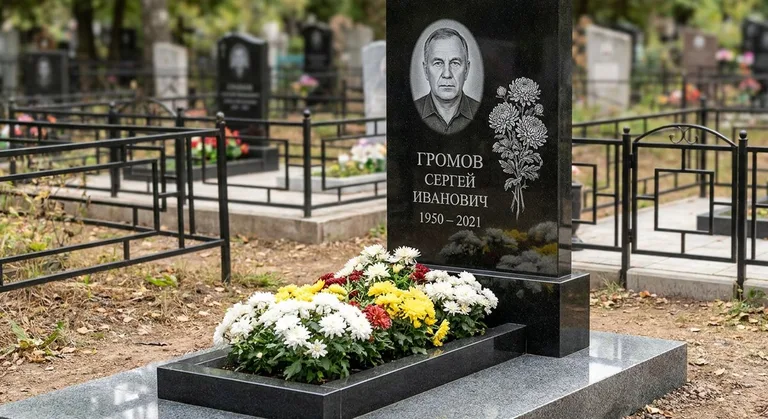 Памятник с гравировкой хризантем — выполненная работа «Громов» в Сургуте