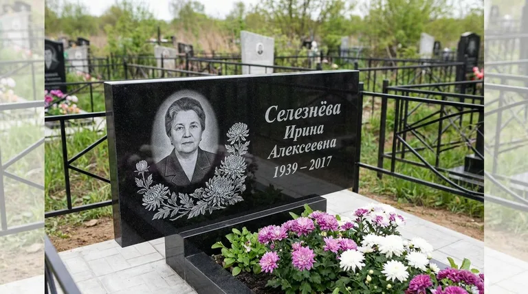 Памятник с гравировкой хризантем — выполненная работа «Селезнёва» в Сургуте