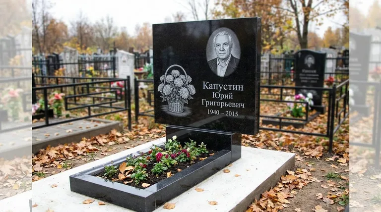 Памятник с гравировкой хризантем — выполненная работа «Капустин» в Сургуте