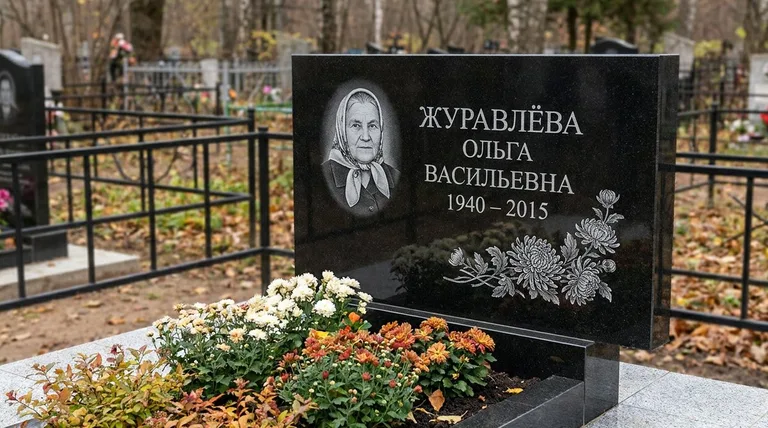 Памятник с гравировкой хризантем — выполненная работа «Журавлёва» в Сургуте