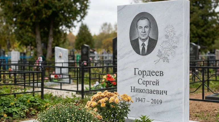 Памятник с гравировкой хризантем — выполненная работа «Гордеев» в Сургуте