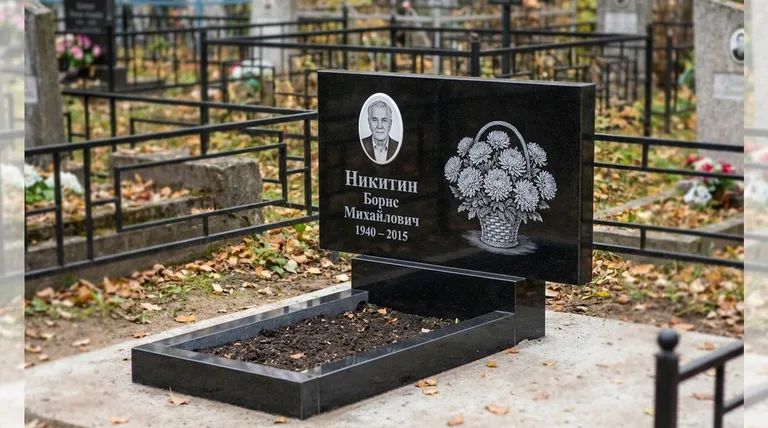 Памятник с гравировкой хризантем — выполненная работа «Никитин» в Сургуте