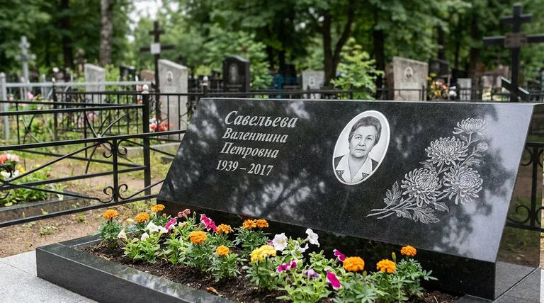 Памятник с гравировкой хризантем — выполненная работа «Савельева» в Сургуте