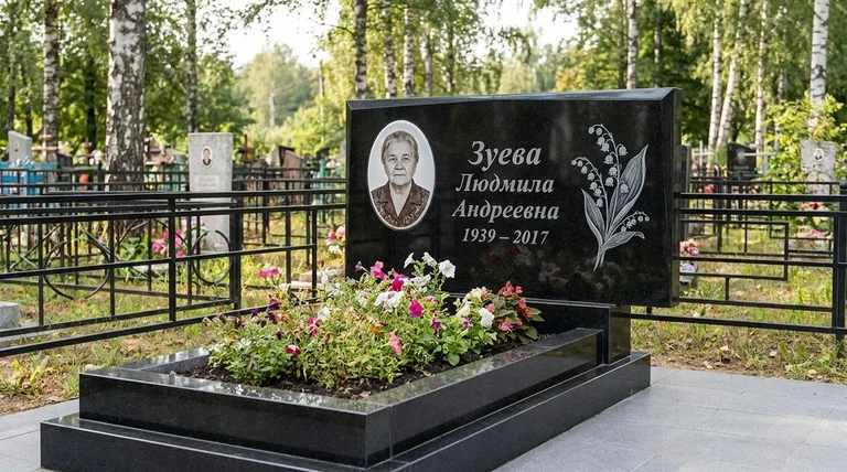 Памятник с гравировкой ландышей — выполненная работа «Зуева» в Сургуте