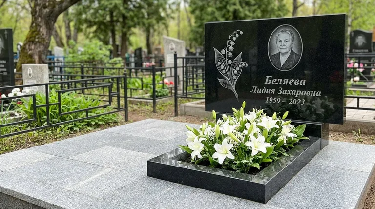 Памятник с гравировкой ландышей — выполненная работа «Беляева» в Сургуте