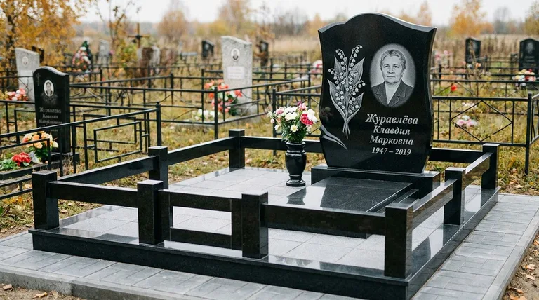 Памятник с гравировкой ландышей — выполненная работа «Журавлёва» в Сургуте