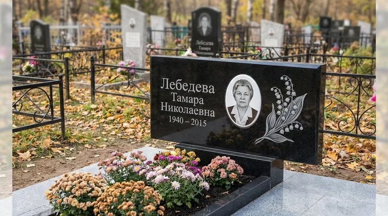 Памятник с гравировкой ландышей — выполненная работа «Лебедева» в Сургуте