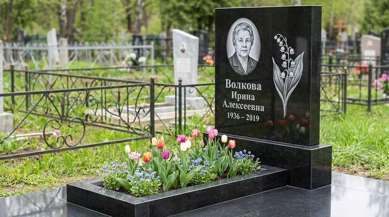 Памятник с гравировкой ландышей — выполненная работа «Волкова» в Сургуте