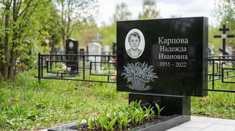 Памятник с гравировкой ландышей — выполненная работа «Карпова» в Сургуте