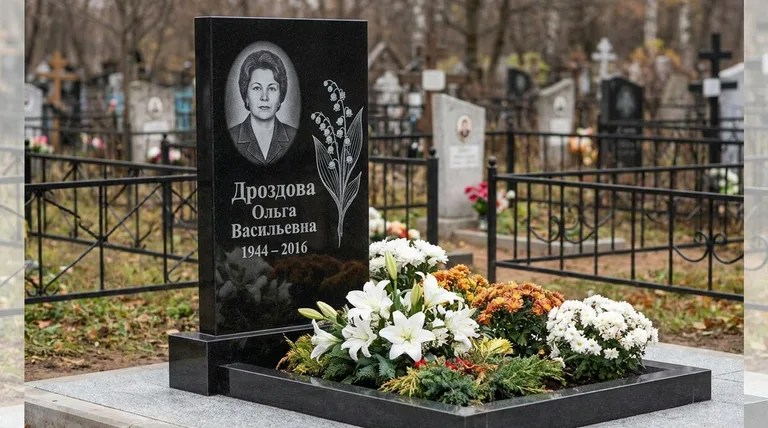 Памятник с гравировкой ландышей — выполненная работа «Дроздова» в Сургуте