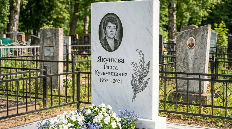 Памятник с гравировкой ландышей — выполненная работа «Якушева» в Сургуте