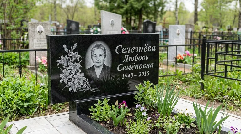 Памятник с гравировкой лилий — выполненная работа «Селезнёва» в Сургуте