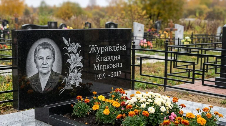 Памятник с гравировкой лилий — выполненная работа «Журавлёва» в Сургуте