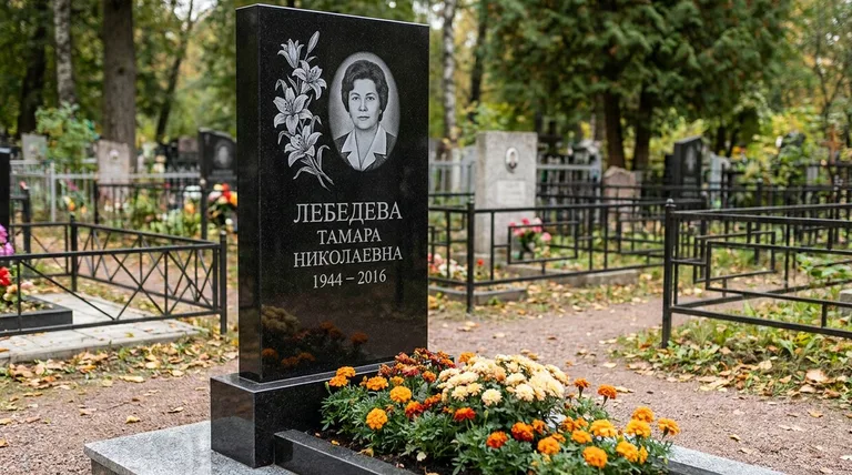 Памятник с гравировкой лилий — выполненная работа «Лебедева» в Сургуте