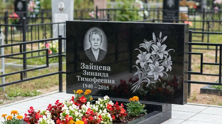 Памятник с гравировкой лилий — выполненная работа «Зайцева» в Сургуте