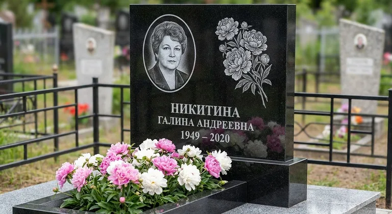Памятник с гравировкой пионов — выполненная работа «Никитина» в Сургуте