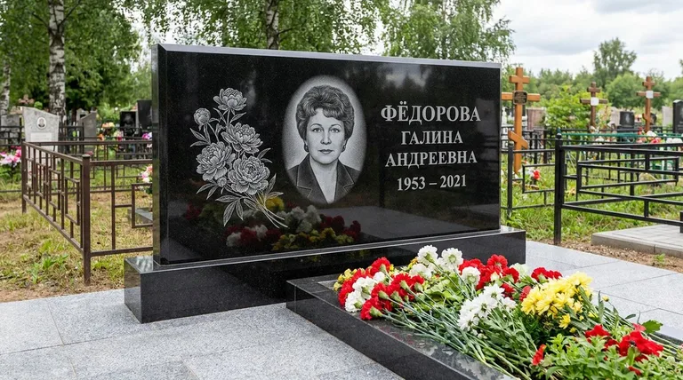 Памятник с гравировкой пионов — выполненная работа «Фёдорова» в Сургуте