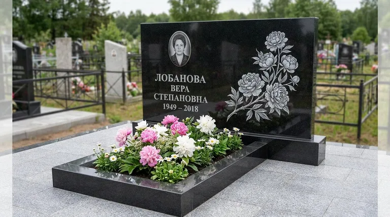 Памятник с гравировкой пионов — выполненная работа «Лобанова» в Сургуте