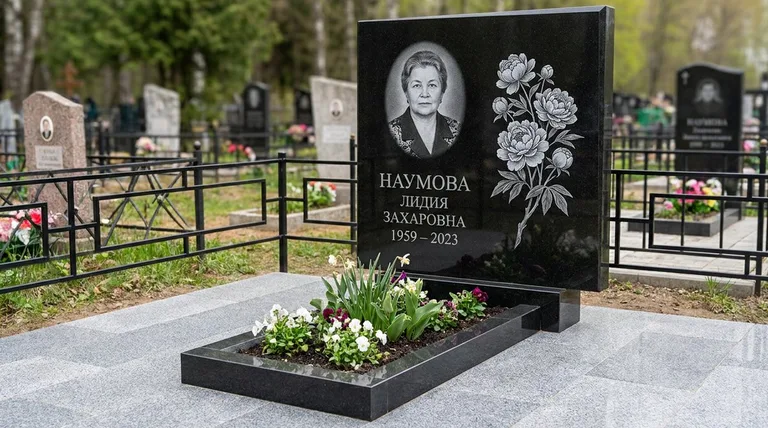 Памятник с гравировкой пионов — выполненная работа «Наумова» в Сургуте