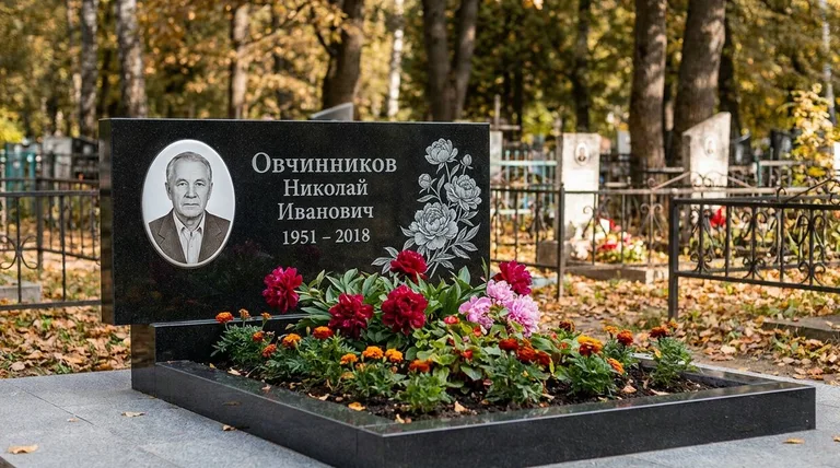 Памятник с гравировкой пионов — выполненная работа «Овчинников» в Сургуте