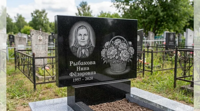 Памятник с гравировкой пионов — выполненная работа «Рыбакова» в Сургуте