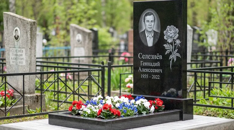 Памятник с гравировкой пионов — выполненная работа «Селезнёв» в Сургуте