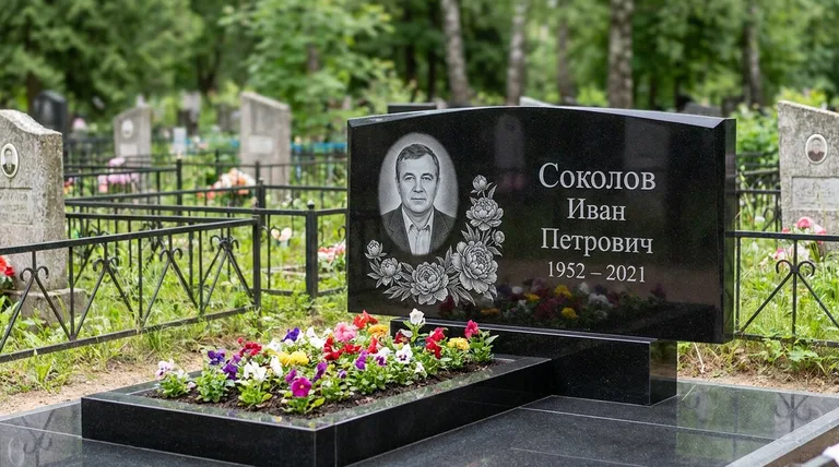 Памятник с гравировкой пионов — выполненная работа «Соколов» в Сургуте