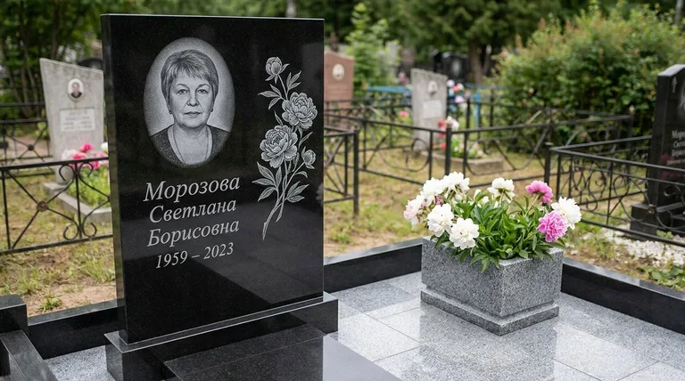 Памятник с гравировкой пионов — выполненная работа «Морозова» в Сургуте