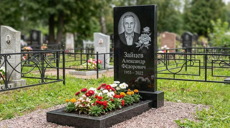 Памятник с гравировкой пионов — выполненная работа «Зайцев» в Сургуте