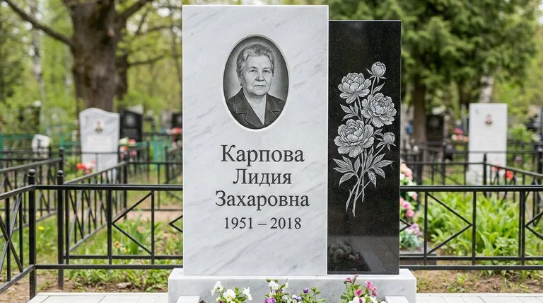 Памятник с гравировкой пионов — выполненная работа «Карпова» в Сургуте