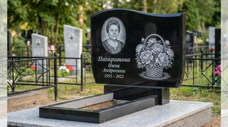 Памятник с гравировкой пионов — выполненная работа «Панкратова» в Сургуте