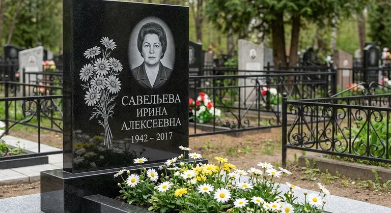 Памятник с гравировкой ромашек — выполненная работа «Савельева» в Сургуте
