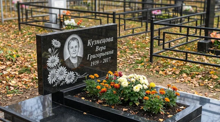 Памятник с гравировкой ромашек — выполненная работа «Кузнецова» в Сургуте