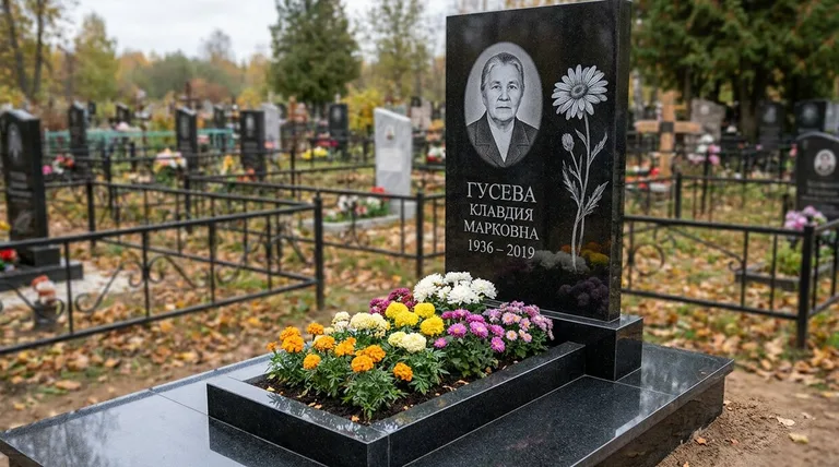 Памятник с гравировкой ромашек — выполненная работа «Гусева» в Сургуте