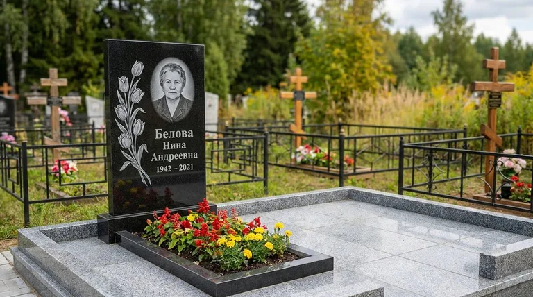 Памятник с гравировкой тюльпанов — выполненная работа «Белова» в Сургуте