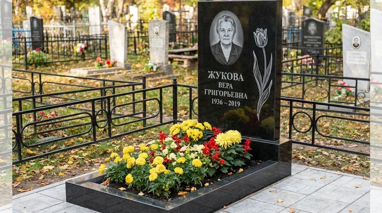 Памятник с гравировкой тюльпанов — выполненная работа «Жукова» в Сургуте