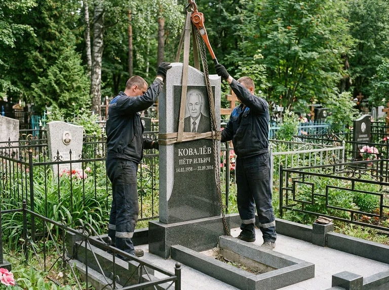 Демонтаж памятника на кладбище в Сургуте — бригада аккуратно снимает старый гранитный памятник с могилы