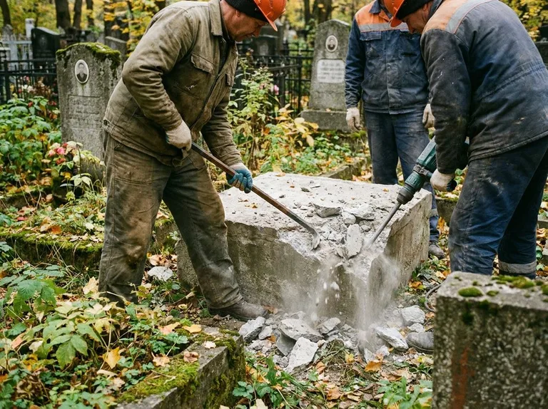 Демонтаж бетонного цоколя и тумбы памятника в Сургуте