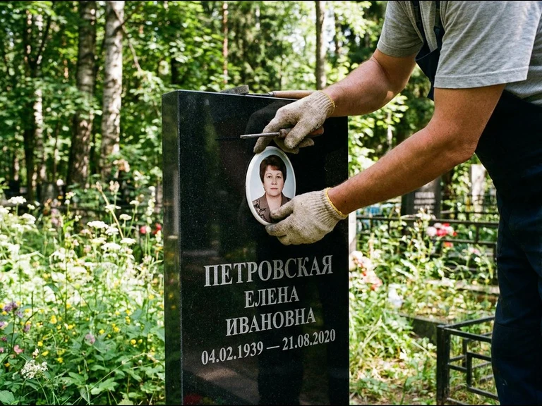 Фото на керамике на памятник в Сургуте — мастер устанавливает овальный керамический портрет на гранитный памятник