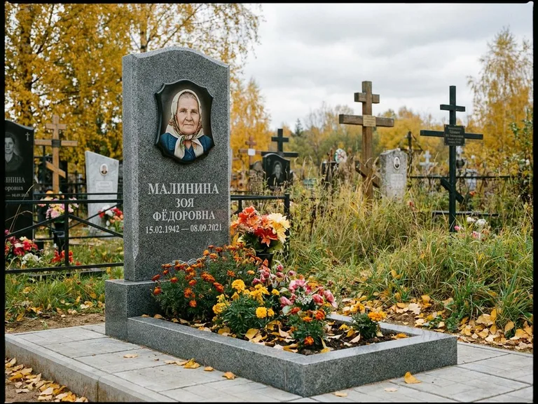 Чёрно-белый керамический портрет на памятнике в Сургуте