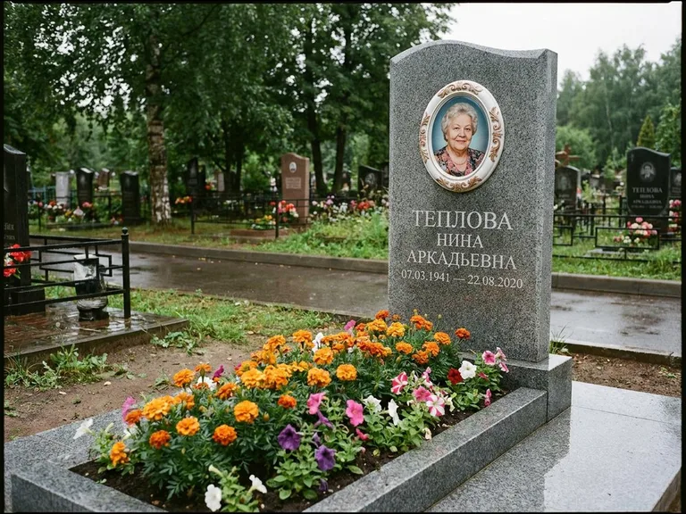 Керамический портрет на памятнике с цветами в Сургуте