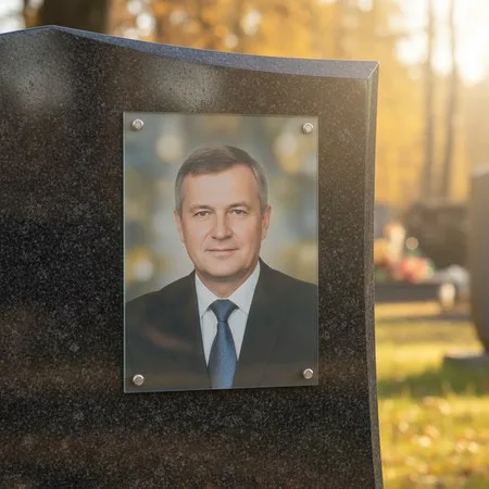 Портрет на стекле на держателях на чёрном граните в Сургуте