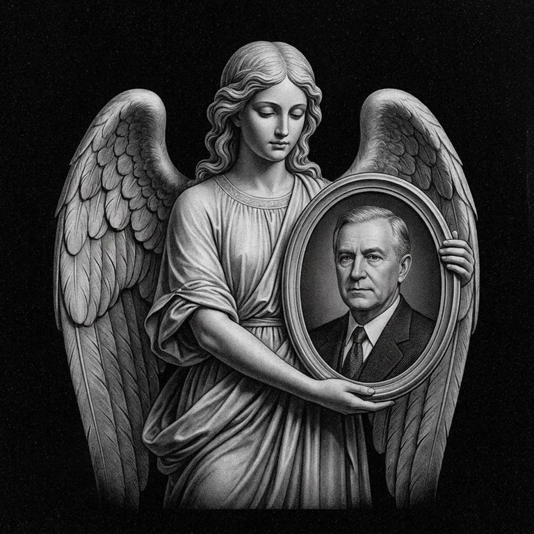 Эскиз гравировки ангела на памятник — объёмный ангел с портретом в Сургуте