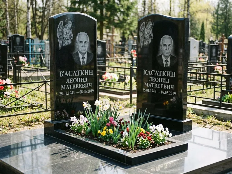 Памятник с гравировкой ангела — гравировка молящегося ангела в верхней части стелы, работа «Касаткин» в Сургуте