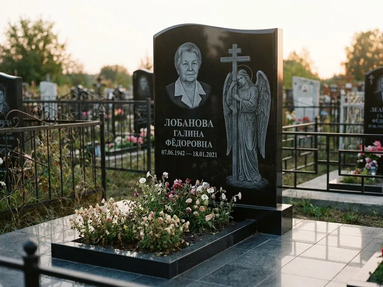 Памятник с гравировкой ангела — гравировка ангела с крестом рядом с эпитафией, работа «Лобанова» в Сургуте
