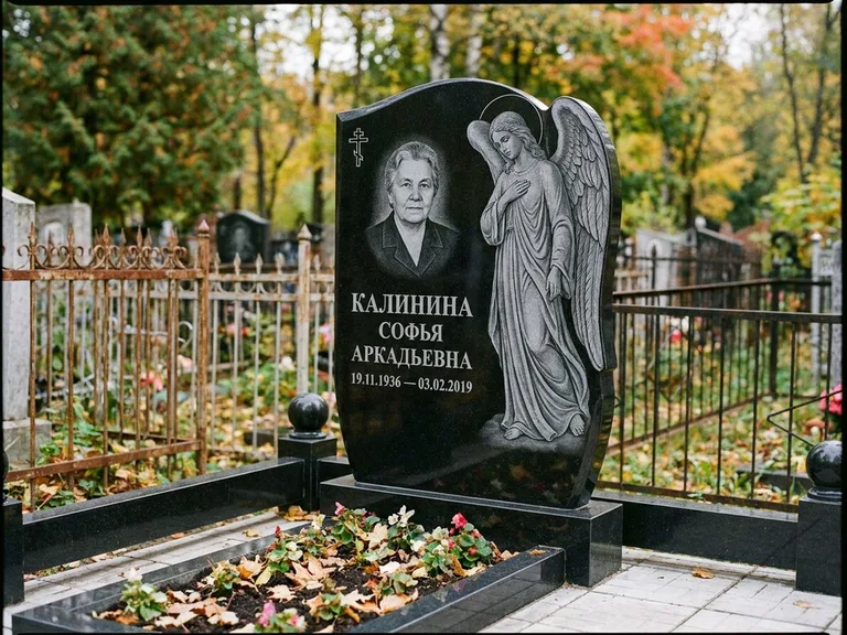 Памятник с гравировкой ангела — гравировка ангела с крестом рядом с эпитафией, работа «Игнатова» в Сургуте