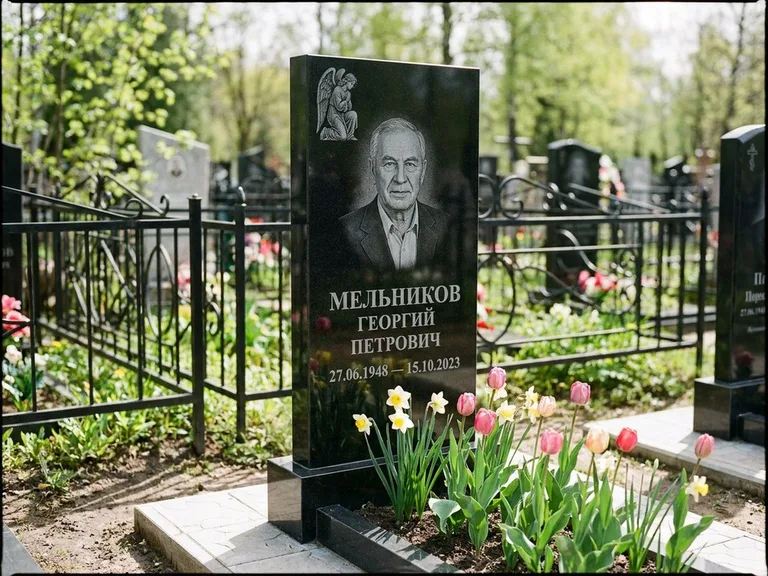 Памятник с гравировкой ангела — гравировка ангела с голубем по диагонали стелы, работа «Доронин» в Сургуте